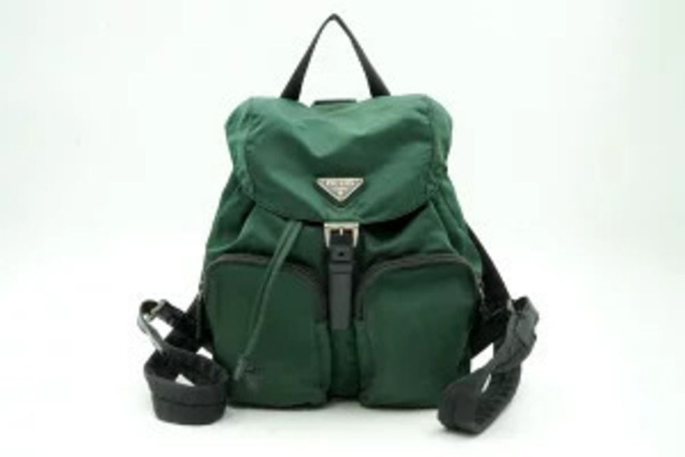 Prada Vela Tessuto Backpack Drawstring Triangle Logo Green